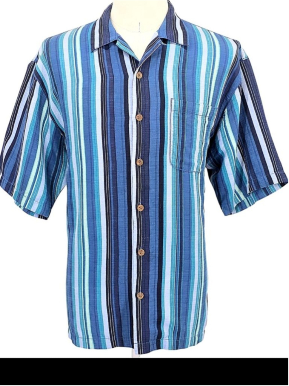 Tommy Bahama 100% Silk Camp Shirt Mens M Blue Striped Hawaiian Beach Casual